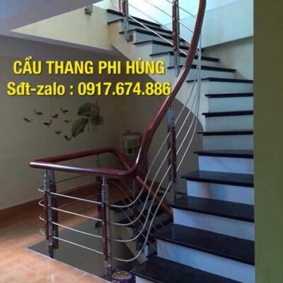 Cầu thang inox, cầu thang inox tay vịn gỗ đẹp nhất Hà Nội