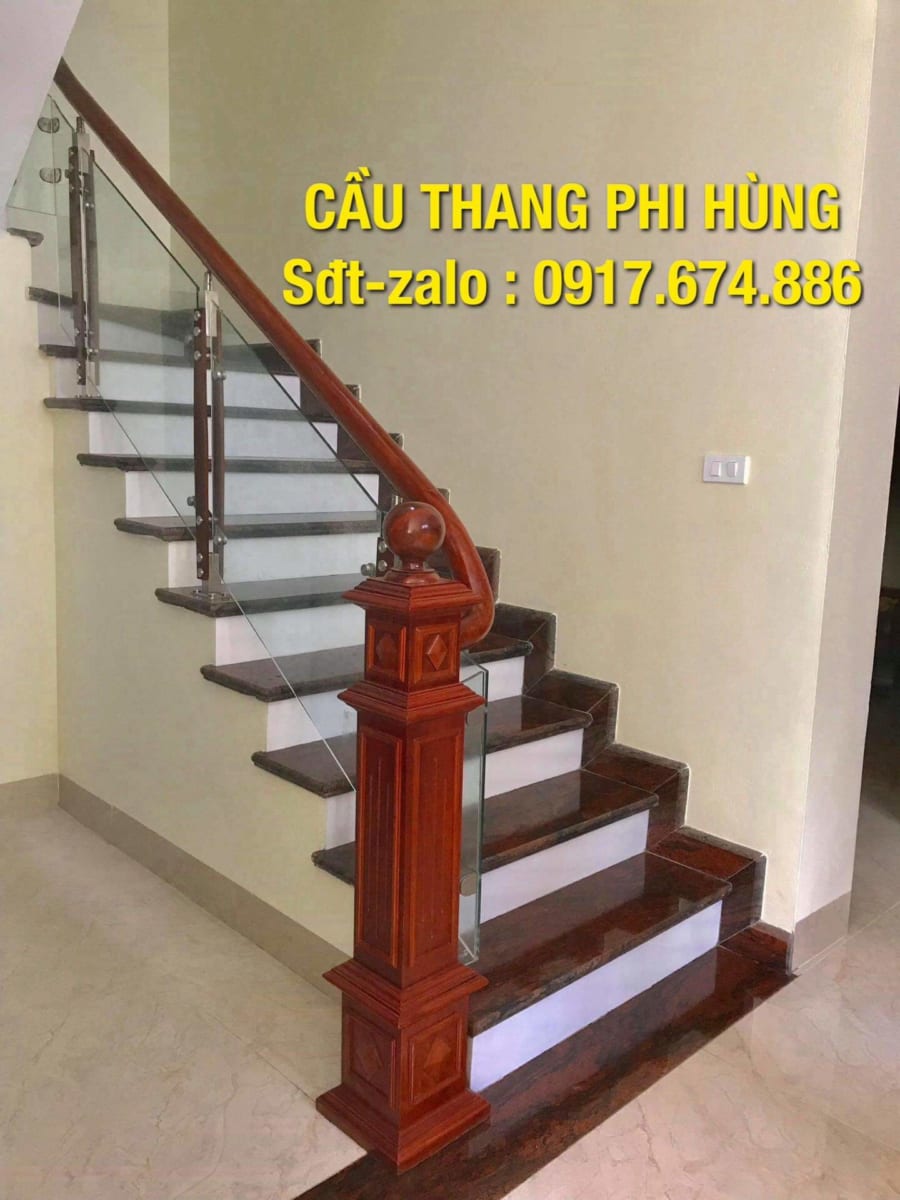 Cầu thang kính gỗ đẹp, cầu thang kính cường lực Hà Nội